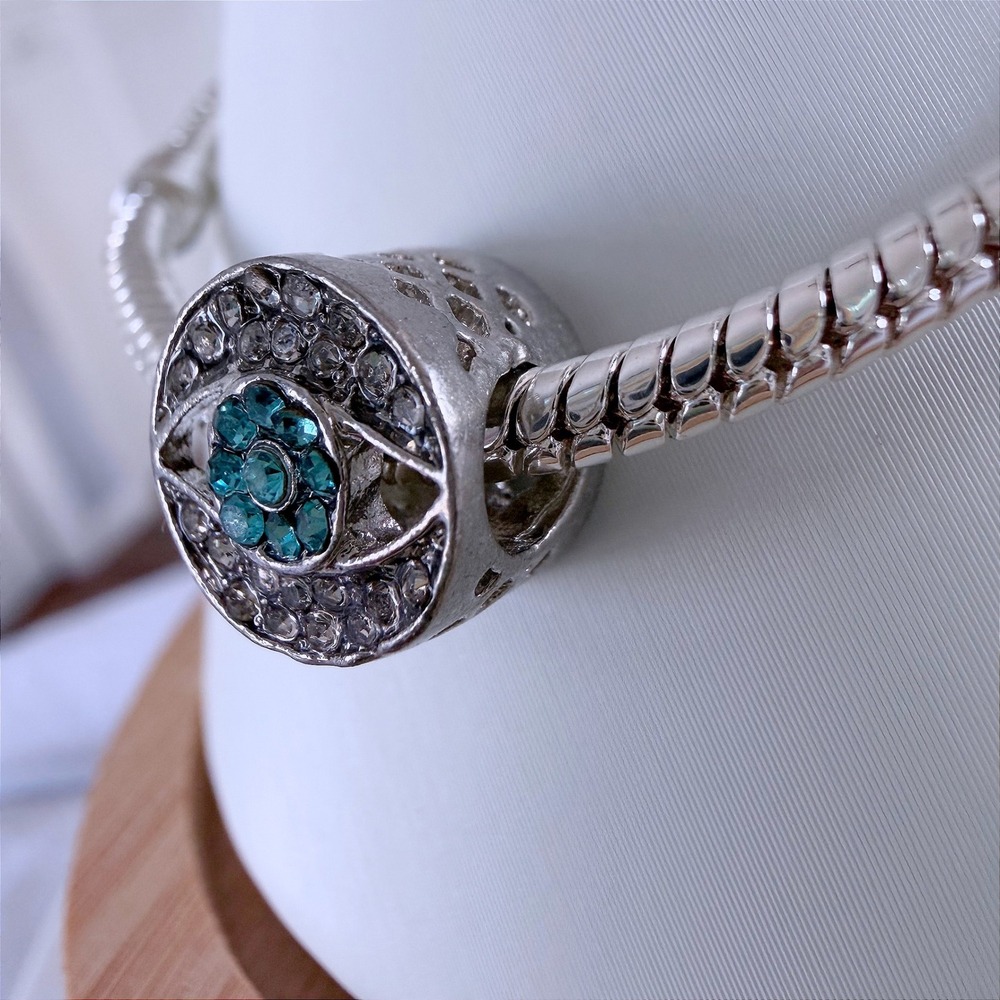 Silver Evil Eye Bead Charm Fits Snake Chain Bracelet Crystal Turquoise Blue - Picture 3 of 7